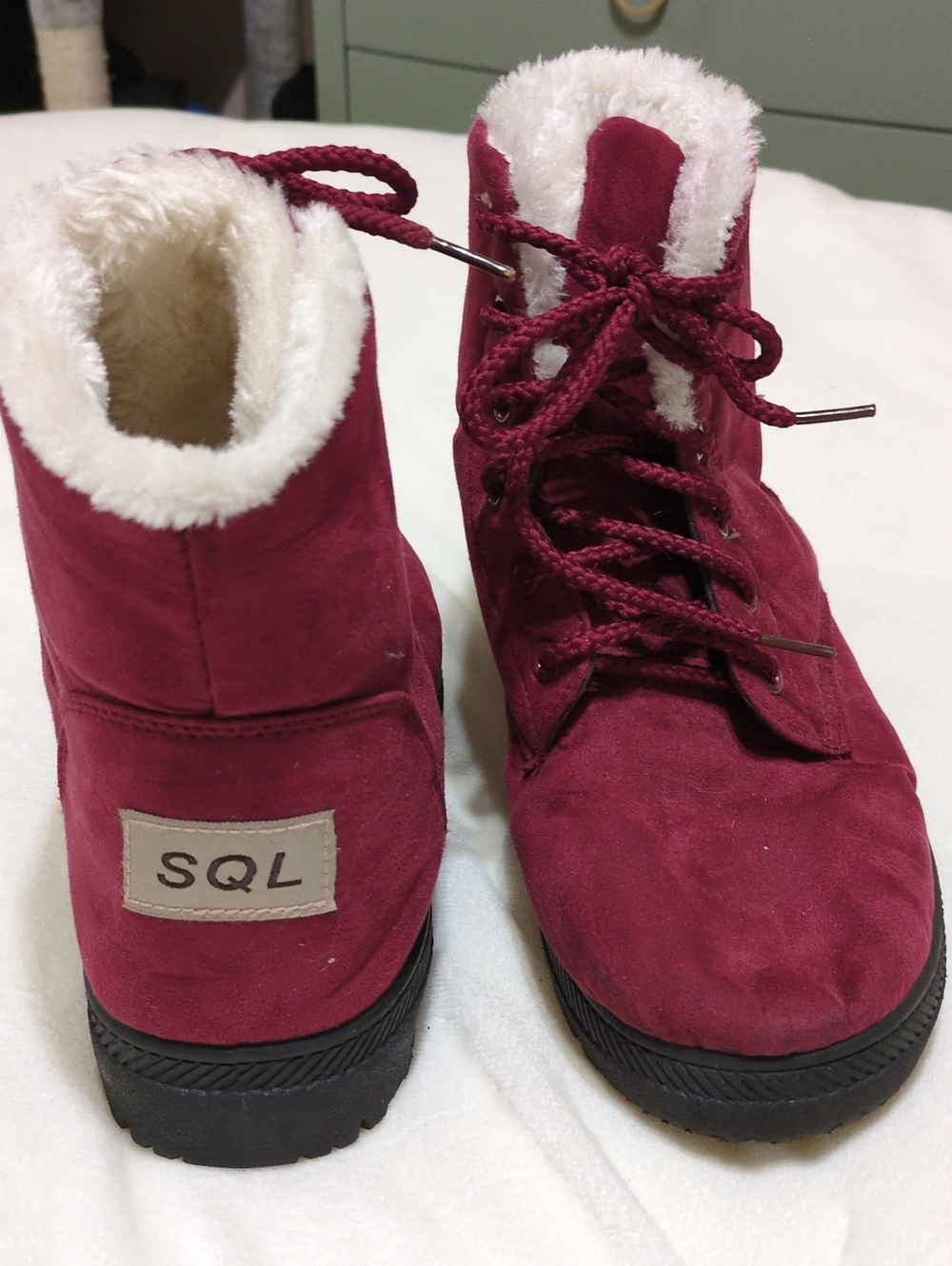 Burgundy Faux-Suede Lace-Up Winter Boots with Plush Lining